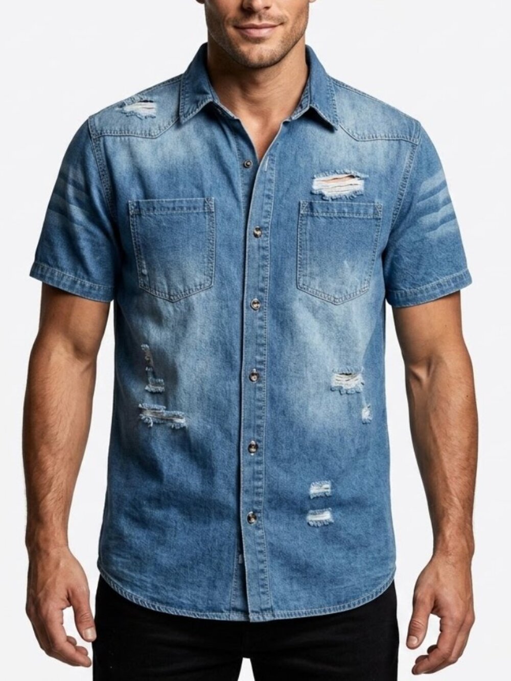MANFINITY Grunge Distressed Denim Short Sleeve Button Up Shirt XL